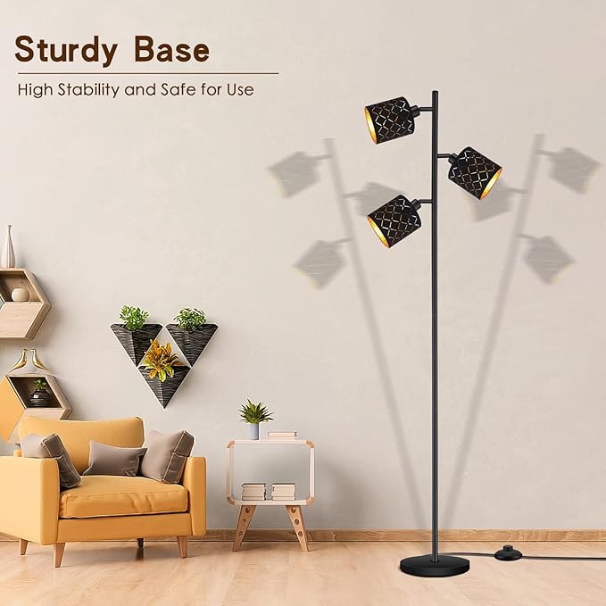 Industrial Floor Lamps for Living Room, Tree Standing Lamp for Bedroom with Adjustable 3-Light, 4W E12 LED Bulb, Modern Stand Up Lamps, Metal Tall Rustic Pole Lamp, Vintage Farmhouse Floor Lamp