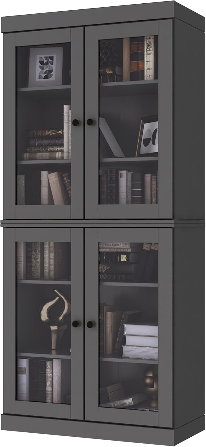 Palace Imports Solid Wood Bookcase - 6-Tier Tall Bookshelf, 71.5” H x 32” W - Gray, Clear Glass Cabinet Doors & Adjustable Shelves for Living Room, 100% Renewable Eco-Friendly Wood, Made in Brazil