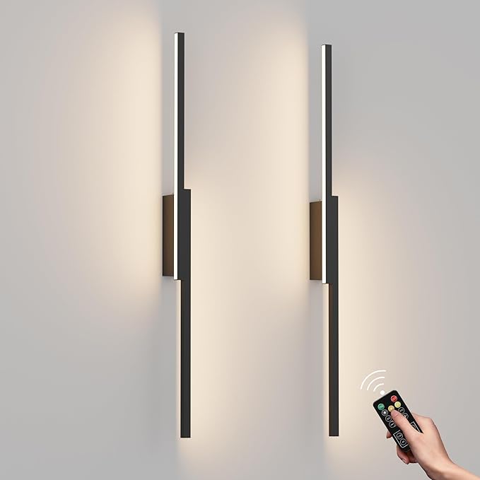 Aipsun 31.5inch Black Battery Operated Wall Sconce Set of 2, Rechargeable Wall Sconce Lighting Dimmable Wireless Wall Lights for Living Room,Bedroom
