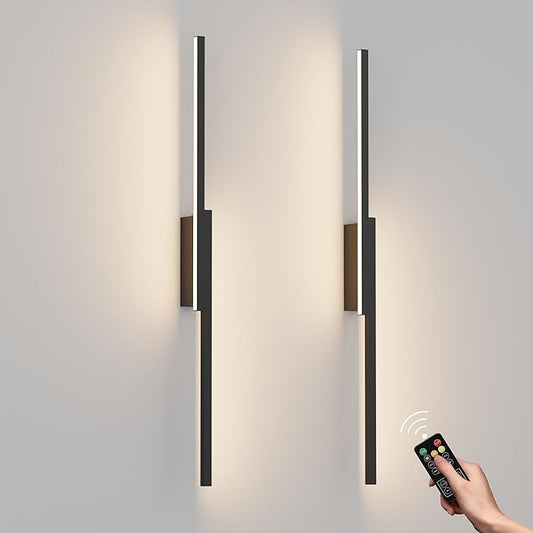 Aipsun 31.5inch Black Battery Operated Wall Sconce Set of 2, Rechargeable Wall Sconce Lighting Dimmable Wireless Wall Lights for Living Room,Bedroom