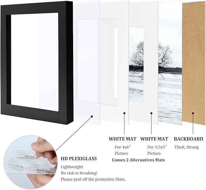 Egofine 5x7 Picture Frame Made of Solid Wood, Display Pictures 3.5x5/4x6 with Mat or 5x7 Without Mat Covered by Plexiglass for Table Top Display and Wall Mounting Photo Frame, Black