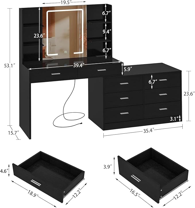 Vanity Makeup Desk with LED Light Mirror & Power Outlet, 8 Drawers, 6 Storage Shelves, 3 Color Modes & Adjustable Brightness Dressing Table, Corner Vanity, L Shape Change, 39.4”Desk, Black
