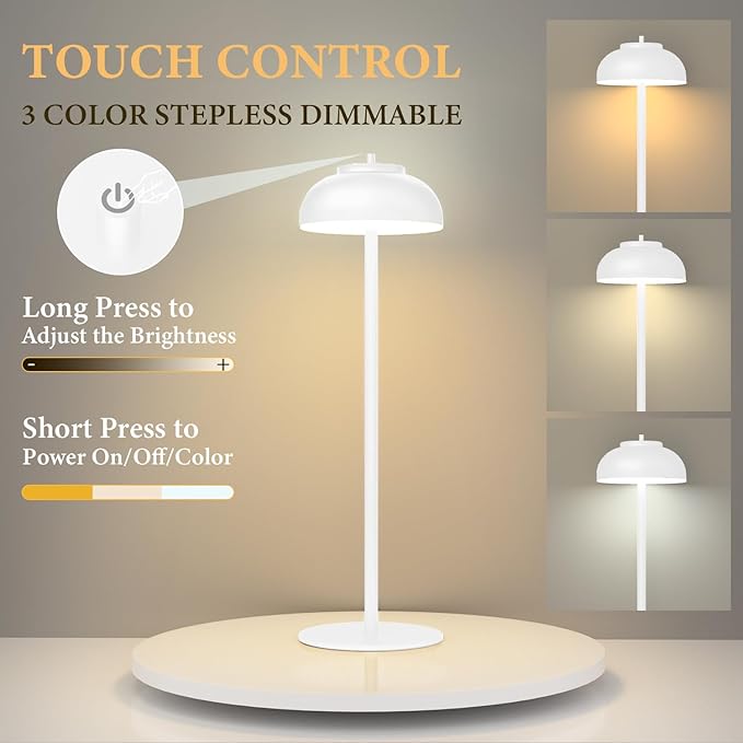 White Table Lamp Set of 2 Rechargeable,Table Lights Battery Operated-IP65 Waterproof-for Outdoor Patio/Restaurants/Home/Dinner/Table Lighting-Touch Control & Dimmable