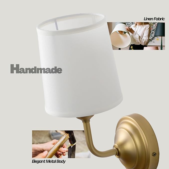 Vintage Fabric Wall Sconce with Funnel White Cloth Shade, E26 Hardwired Indoor 1-Light Wall Mounted Lamp Fixture for Living Room Bedroom Dining Room Hallway