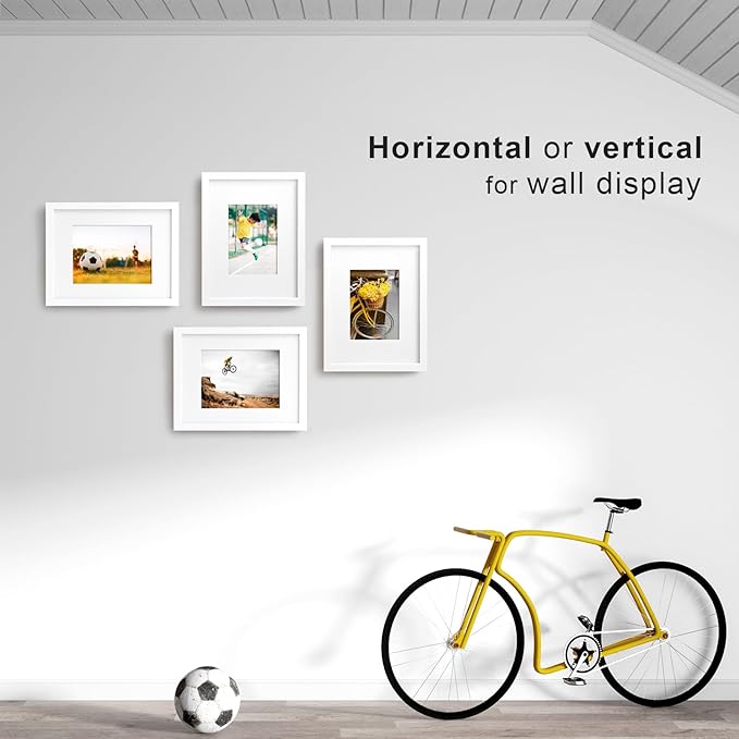 Egofine 9x12 Picture Frame Made of Solid Wood White Covered by Plexiglass, Wood Frame for Pictures 5x7 / 6x8 with Mat or 9x12 without Mat, Tabletop and Wall Mounting Display