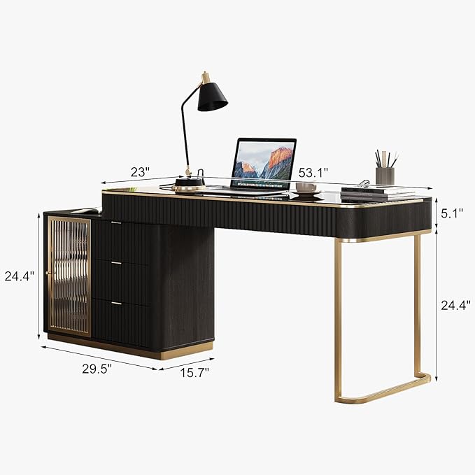 Lartis Office Desk, Very Easy to Assemble, Computer Desk, Home Telescopic Writing Desk, Modern Computer Desk with Retractable Cabinet Built-in LED Lights (Black Brown, 53 in)