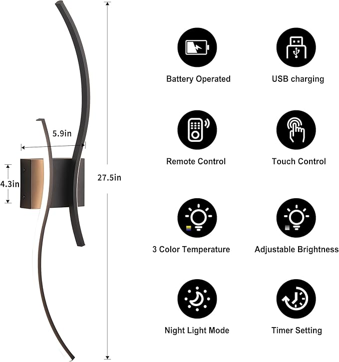 Battery Operated Wall Sconces Set of Two with Remote Control, Stepless Colors 3000K-6000K & Dimming, LED Black Wireless Wall Light for Living Room, Hallway, Bedroom, 27.5 Inch (2 Pack)
