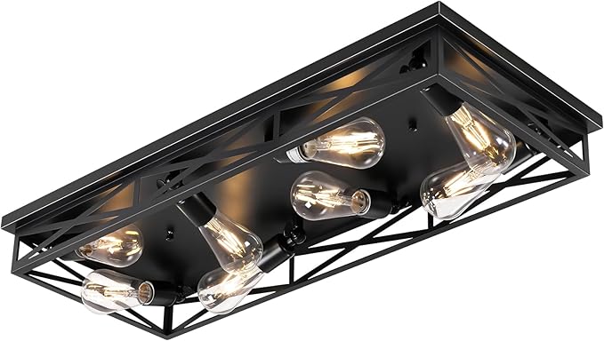 8-Light Large Flush Mount Ceiling Light Fixture, 31" Black Hallway Light, Metal Cage Closed to Ceiling Mounted Lights, Farmhouse Flush Mount Light Fixture for Bedroom Kitchen Hallway Entryway