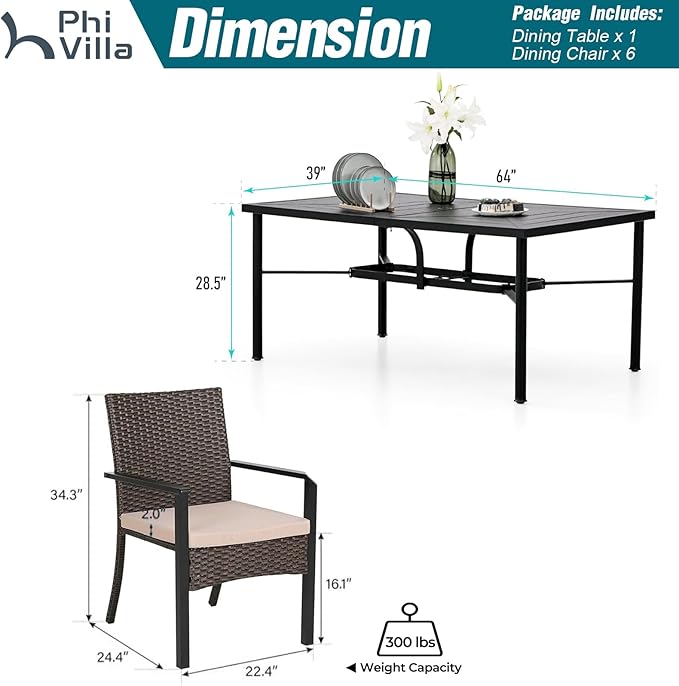 PHI VILLA 7 Piece Outdoor Dining Set for 6, 64" Metal Steel Dining Table with Umbrella Hole & Cushioned Rattan Chairs for Patio, Yard, Porch, Deck