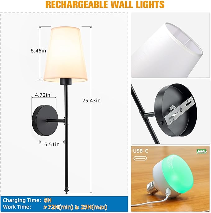 NIORSUN 25.4 inch Battery Operated Wall Sconce Set of 2,Black Rechargeable Wall Lights with 5200mAh Dimmable Detachable Bulbs and Remote,9 Colors Wireless Sconces for Bedroom Living Room Hallway