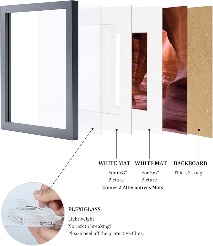 Egofine 9x12 Picture Frame Made of Solid Wood Covered by Plexiglass, Wood Frame for Pictures 5x7/6x8 with Mat or 9x12 without Mat, Tabletop and Wall Mounting Display, Dark Grey