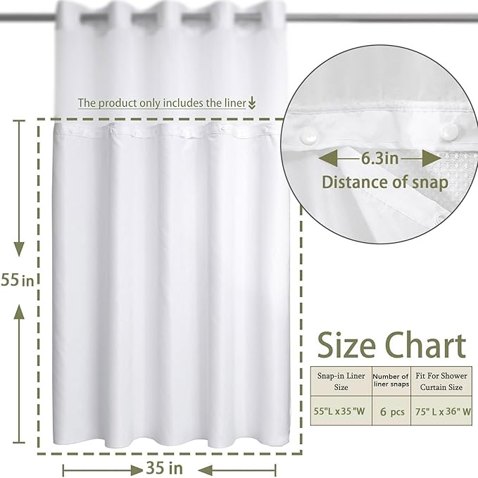 YellyHommy Waterproof Fabric Snap in Shower Curtain Liner Replacement with 2 Magnets71 W x 55" L for 72" W x 75" L No Hook Shower Curtain - Removable & Detachable to Wash 2PCS