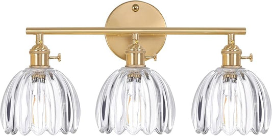 Bathroom Light Fixtures, 3-Light Brass Vanity Wall Light Over Mirror with Clear Tulip Glass Shade for Bedroom Living Room