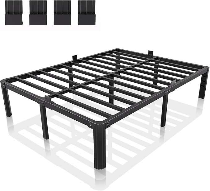 14 Inch Metal Bed Frame Queen Size, Heavy Duty Balck Platform Queen Size Bed Frame with Round Corner Legs, Mattress Slide Stopper, No Box Spring Needed, Easy Assembly
