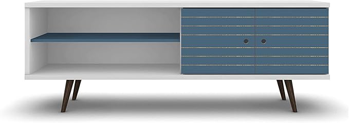 Manhattan Comfort Liberty Mid Century Modern TV Stand for Televisions up to 60 Inches, Bedroom and Living Room Entertainment Center with Storage, Shelves, and Cabinet, 63" Wide, White/Aqua