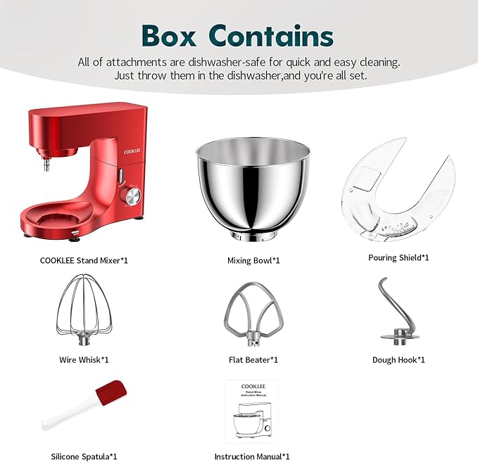 COOKLEE Stand Mixer, 9.5 Qt. 660W Electric Kitchen Mixer with Dishwasher-Safe Dough Hooks, Flat Beaters, Wire Whip & Pouring Shield Attachments for Most Home Cooks, Red