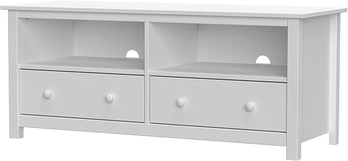 Handcrafted Solid Oak TV Stand Entertainment Center - Elegant White Media Console with Spacious Storage Drawers & Open Shelves - Sturdy Wood Cabinet Fits TVs up to 55 Inches