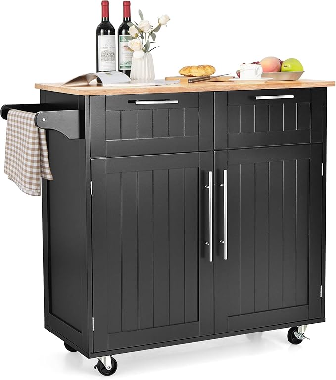 COSTWAY Kitchen Island Cart on Wheels, with Side Towel Bar, 2 Drawers, 2 Door Cabinet, Rolling Storage Trolley Cart with Rubber Wood Top & Lockable Casters (Black)