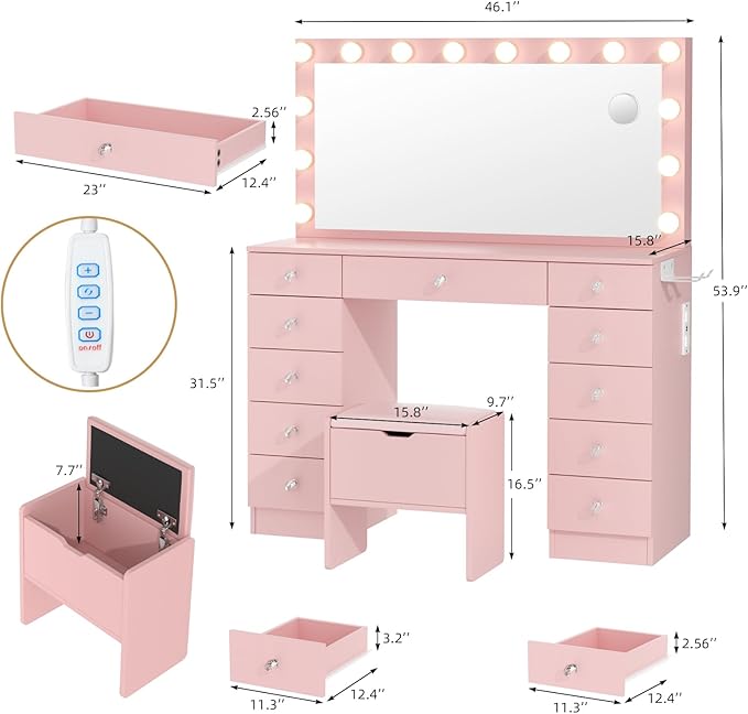 VOWNER Vanity with Lighted Mirror - Makeup Vanity Desk with 11 Drawers and Outlet, 3 Color Lighting Modes Adjustable Brightness, 46" Vanity Table with Soft Cushioned Stool for Bedroom, Pink