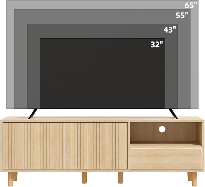 58" Mid Century Modern TV Stand for 32-65 inch TVs, Light Wood TV Console with with Fluted Doors and Drawer, Entertainment Center with Storage for Living Room, Oak