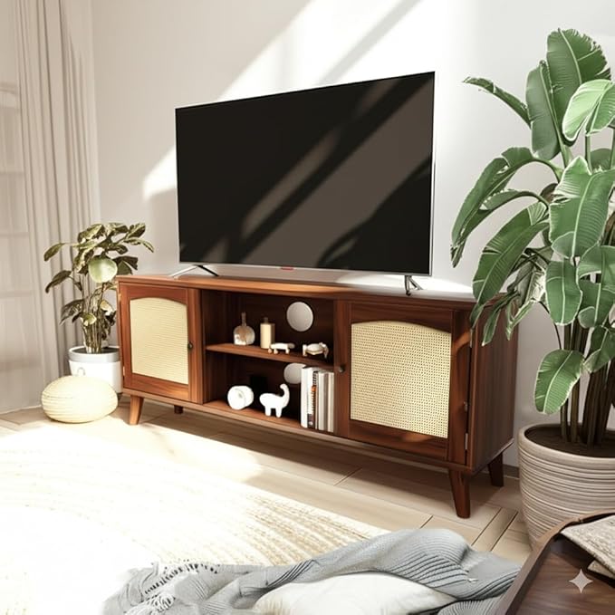 Mid Century Modern Rattan TV Stand for 60" TV - Boho Entertainment Center with 2 Natural Rattan Doors for Living Room, Brown