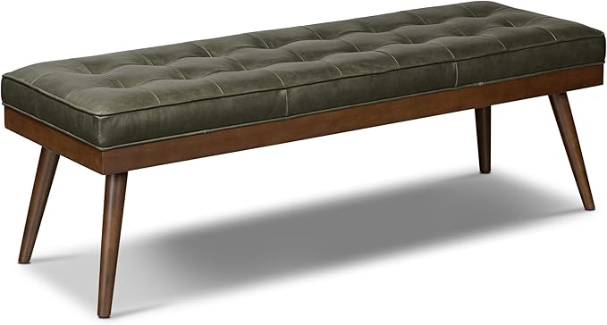 POLY & BARK 55" Tufted Leather Bed Bench for Bedroom End of Bed - Living Room Entry Way Bench - Pure Italian Leather Upholstery with a Solid Wood Frame - Ottoman Bench with Wooden Legs - Olivine Green