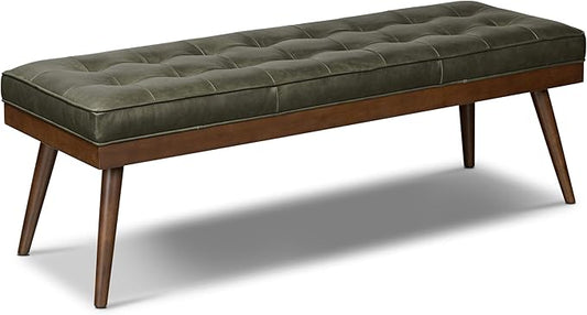 POLY & BARK 55" Tufted Leather Bed Bench for Bedroom End of Bed - Living Room Entry Way Bench - Pure Italian Leather Upholstery with a Solid Wood Frame - Ottoman Bench with Wooden Legs - Olivine Green