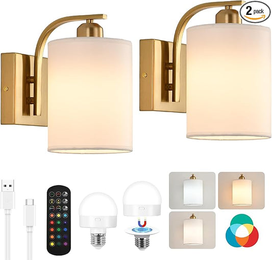 Battery Operated Wall Sconce Set of 2,Gold Rechargeable Wall Lights with Remote Control,15 Colours Wireless Wall Sconce with 3000mAh Dimmable Detachable Bulb for Bedroom, Living Room and Hallway
