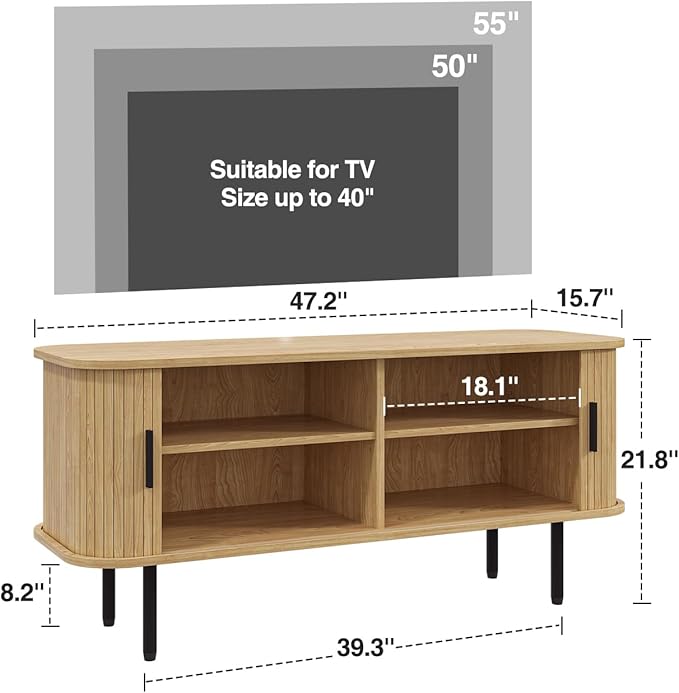 47" Natural Fluted TV Stand for TVs up to 60 Inch, Gaming Entertainment Center with Tambour Slatted Sliding Doors and Storage Cabinet, Media TV Consoles Table for Living Room, Office