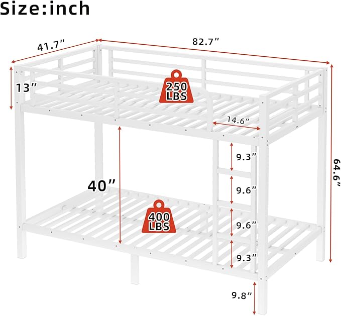 Twin XL Over Twin XL Bunk Bed Frame, Heavy Duty Metal Loft Bed for Adults/Teens, 250/400LB Capacity w/Ladder & Guardrail, Noise-Free Steel Slats, No Box Spring Required, White