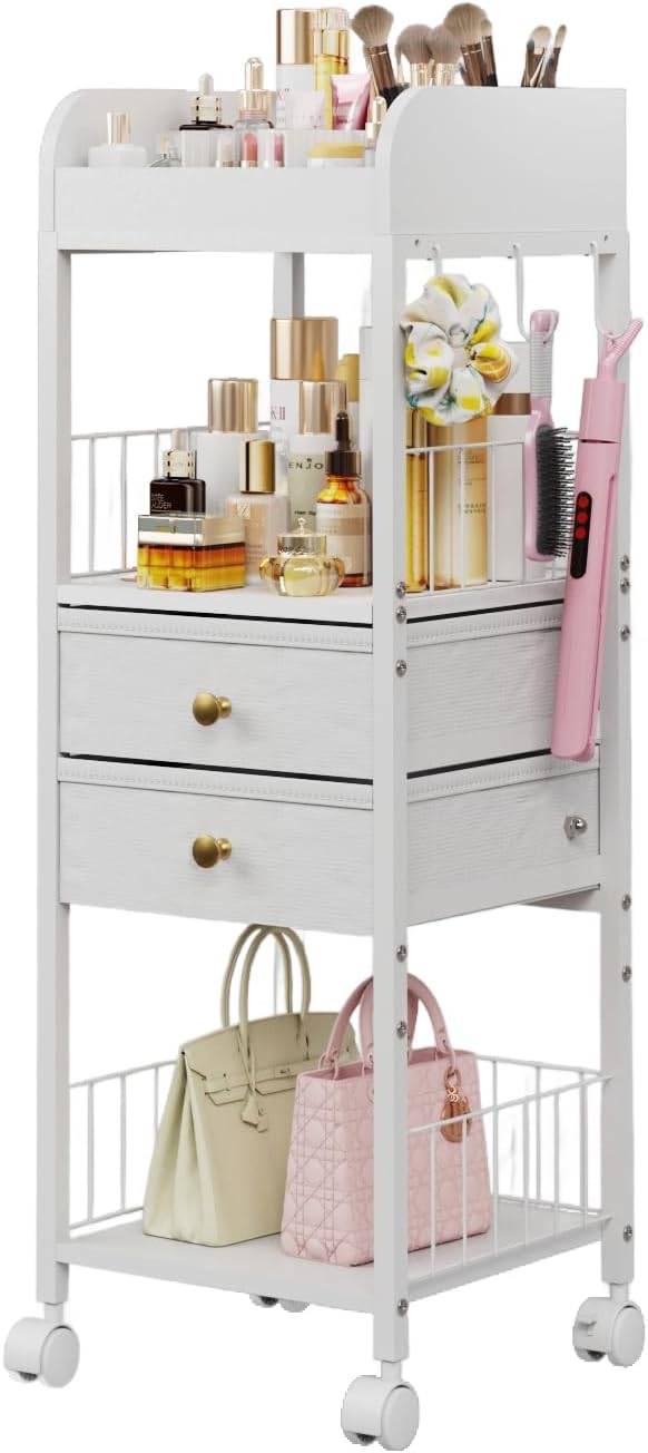 Floor Makeup Organizer with Lockable Wheels & 8 Dividers, 2-Drawer Rolling Skincare Cart for Cosmetics/Perfume/Nail Polish, Mobile Vanity Storage - White (Bathroom/Bedroom Use)