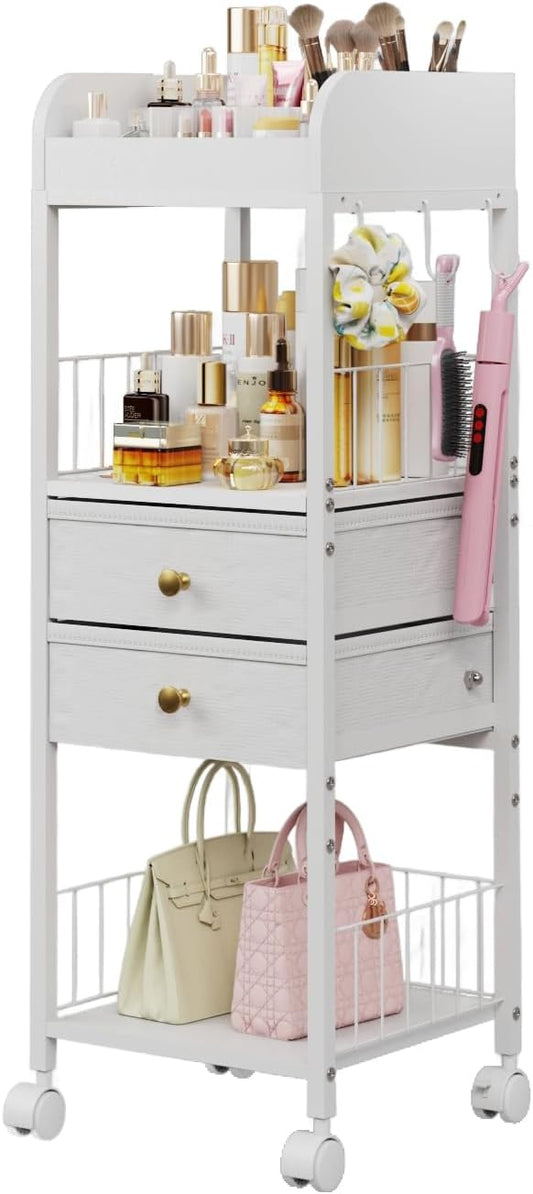 Floor Makeup Organizer with Lockable Wheels & 8 Dividers, 2-Drawer Rolling Skincare Cart for Cosmetics/Perfume/Nail Polish, Mobile Vanity Storage - White (Bathroom/Bedroom Use)