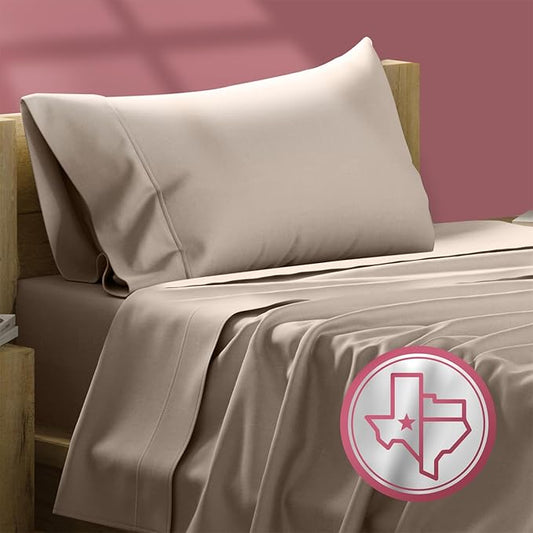 TEXAS LINEN CO. 100% Egyptian Cotton Twin XL Sheets - Luxury 800 Thread Count Twin XL Sheets Set, Soft, Cooling, Fully Elasticized Sateen Weave Bedding Set for College Dorm Room (3 PC, Taupe)