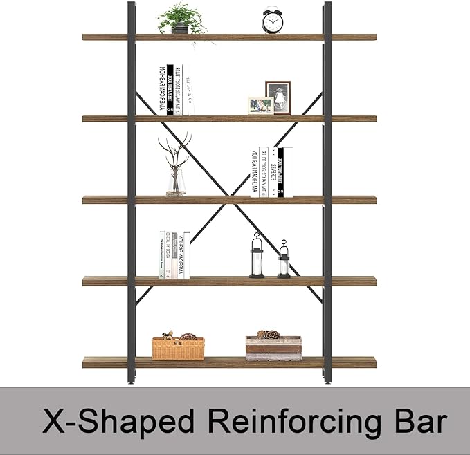 HSH Industrial Wood and Metal 5 Tier Bookshelf, Large Tall Open Rustic Wide Etagere Bookcase, Vintage Farmhouse Modern Wooden Big Book Shelf for Home Living Room Bedroom Office Storage, Rustic Oak