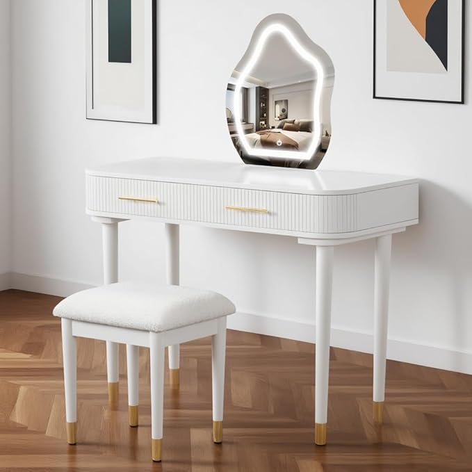 40" Modern Vanity Table Set with Mirror and Lights, Dressing Table and Cushioned Stool Set with 2 Large Drawers, Modern Makeup Table for Bedroom,Makeup Room