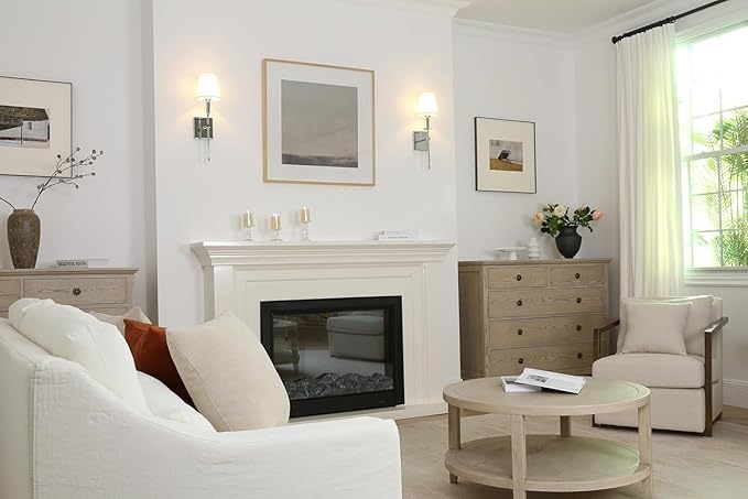 PERMO Set of 2 Classic Rustic Industrial Wall Sconce Lighting Fixture with Flared White Textile Lamp Shade and Chrome Tapered Column Stand