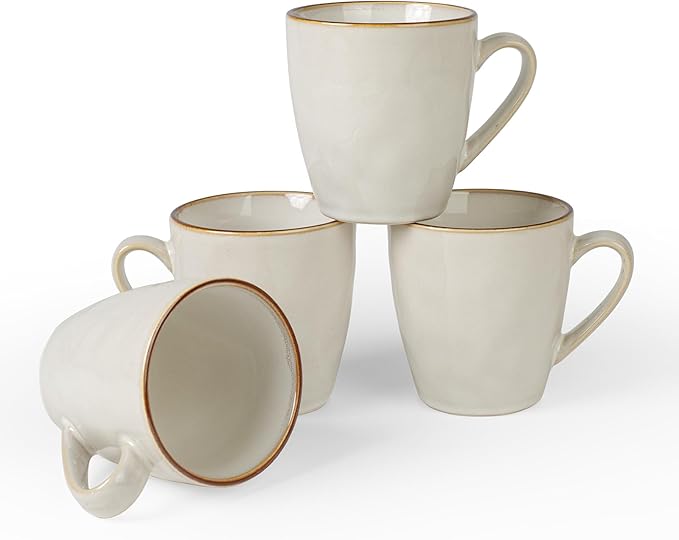 famiware Coffee Mugs Set of 4, Ocean Round 11.5oz Coffee Cup Set with Handle for Cocoa, Milk, Hot Chocolate, Tea or Water, Stoneware Cups for Kitchen, Microwave Dishwasher Safe, Cappuccino White