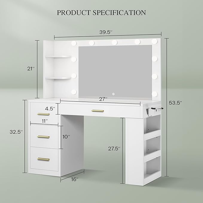 YITAHOME Vanity Desk with Mirror and Lights, Makeup Table with Charging Station, Large Vanity Set with 4 Drawers, Cute Makeup Desk with 6 Storage Shelves, White