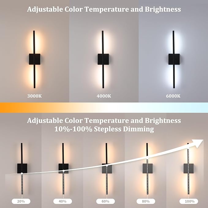 Battery Operated Wall Sconce Set of 2, 8000mAh Wireless Wall Sconces, 3000K-6000K Dimmable, 350°Rotate, Indoor Wall Lights with Remote for Bedroom Living Room Bathroom, Black, 23.6 Inch