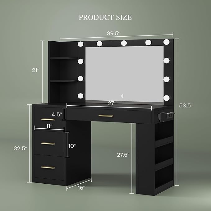 DWVO Makeup Vanity Desk with Mirror & Lights, 40inch Vanity Table with Power Outlets, 4 Drawers & 6 Open Storage Shelves, 3 Color Modes & Adjustable Brightness Dressing Table for Bedroom, Black