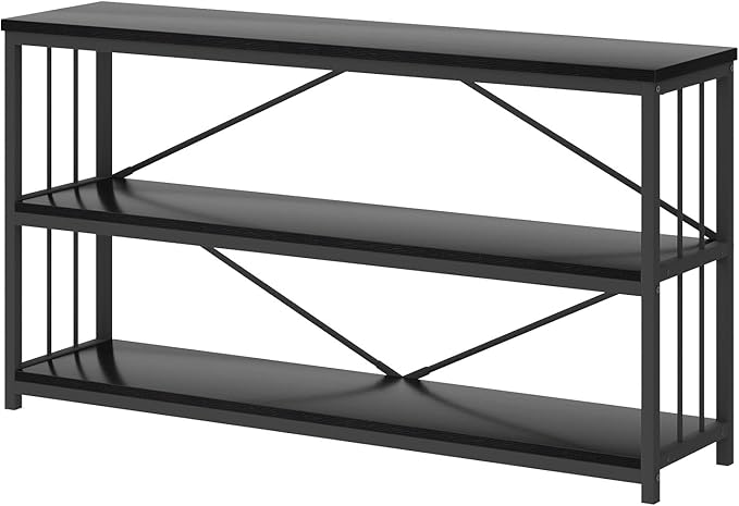 HSH Black Horizontal Bookcase, Metal and Wood Low Bookshelves with 3 Tier Shelf for Home Office, Modern Wooden Wide Open Etagere Bookcase with Storage for Bedroom Living Room, Black Oak, 55 Inch