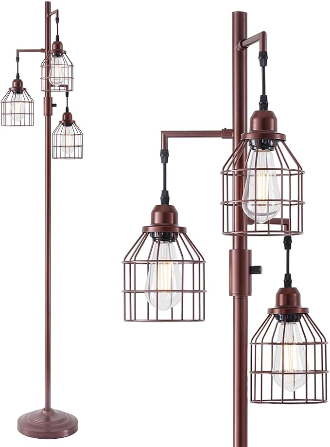 9MMML Floor Lamp for Living Room, Farmhouse Industrial Dimmable Floor lamp, 3 Lights Metal Cage Tree Standing Lamp,68", 3Pcs LED Bulbs Included