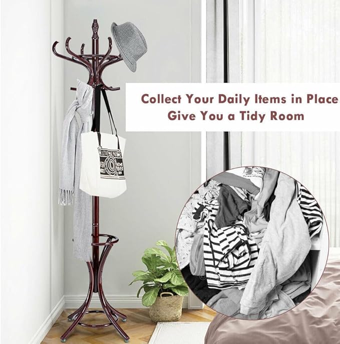 Tangkula 75.5" Standing Coat Rack, Wood Coat Tree with 12 Hooks, Home Hat Jacket Hanger Tree 12 with Umbrella Holder Coat Stand (Brown)