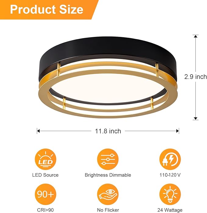 Dimmable Black and Gold Flush Mount Ceiling Light, Modern Round LED Ceiling Lights Fixture, Kitchen Flushmount Light for Bedroom Hallway Laundry Room 2700 K-6000 K 5CCT