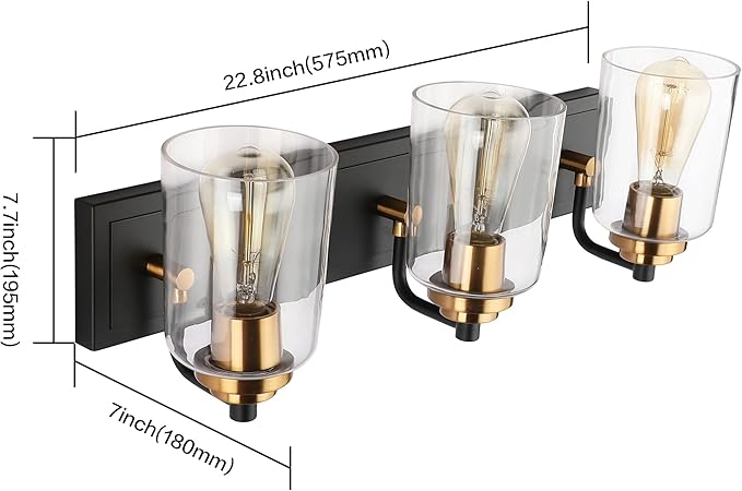 SOLFART Bathroom Vanity Light 3-Light Light fixtures for Bathroom Above Mirror Bathroom Lights fixtures Over Mirror in Black Brass Wall Sconces