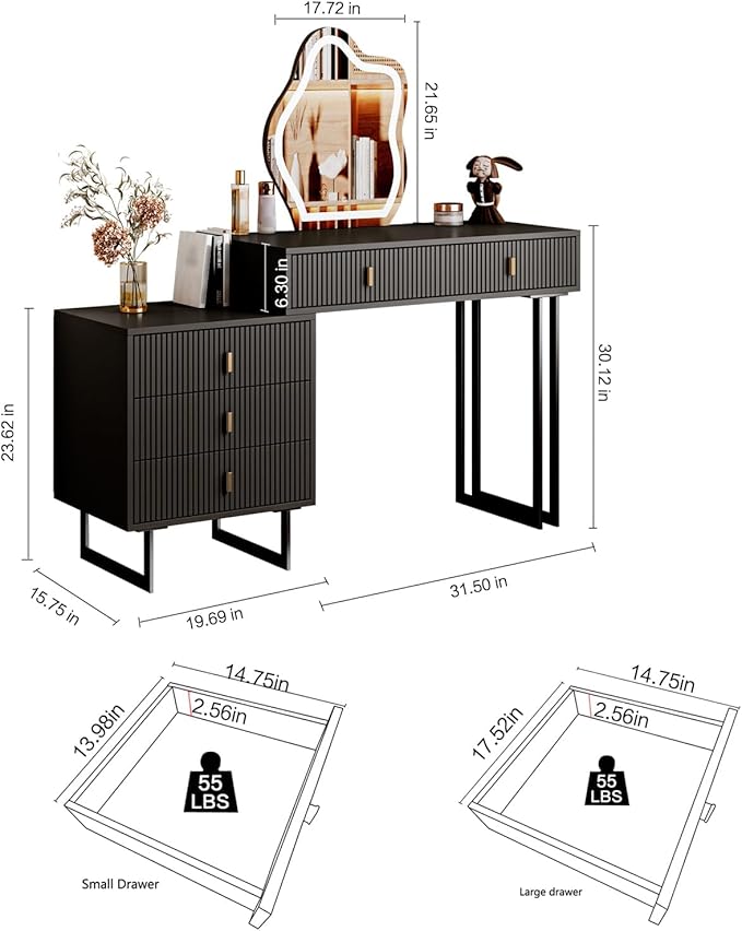 Black Vanity Desk with Mirror and Lights,Small Makeup Vanity with 5 Drawers, Modem Makeup Table with Adjustable Cabinet for Bedroom,Makeup Room