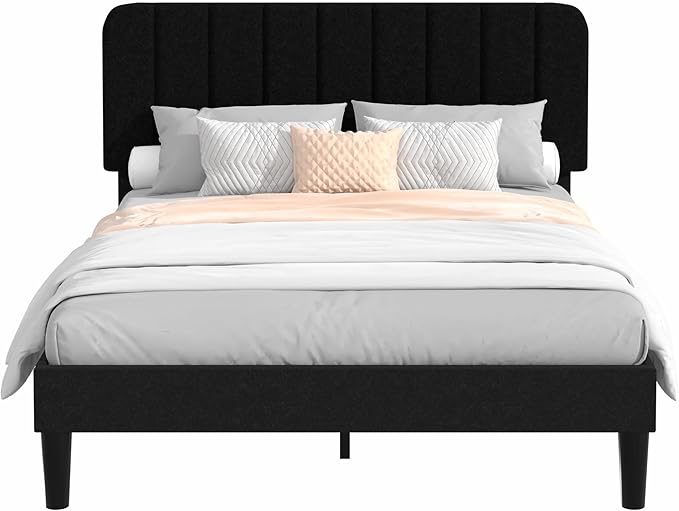 VECELO Full Size Bed Frame with Upholstered Headboard, Velvet Platform Bedframe Mattress Foundation, Strong Wood Slat Support, No Box Spring Needed,Black