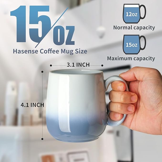 Hasense Ceramic Coffee Mugs Set of 4, 15 oz Coffee Cups With Handle, Porcelain Large Mugs for Latte, Tea, Milk, Coffee, Cappuccinos, Dishwasher Safe & Microwave, Colorful