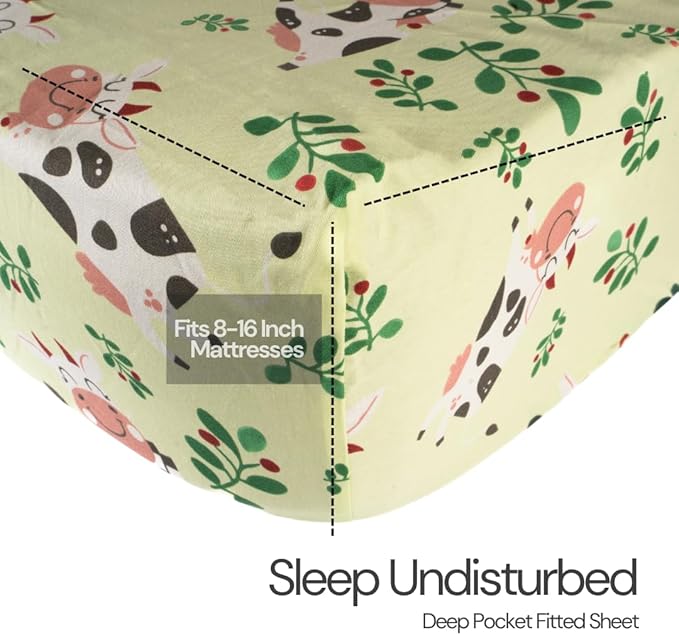 Salt Earth 100% Cotton 210TC Kids Bedsheet, Twin Sheets Set for Toddler Bed, 3 Piece Bedding Set Including Flat Sheet, Fitted Sheet, and Pillowcase, Themed Sheets for a Playful Kids Bed (Cow)