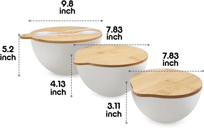 Salad Bowls Set of 3 with Seal Lid & Serving Utensils, Bamboo Fiber Mixing Bowls Set Large Serving Bowls & Storage Set with Bamboo Lid for Salad, Kitchen Eating, Pasta, Popcorn, Fruit, White